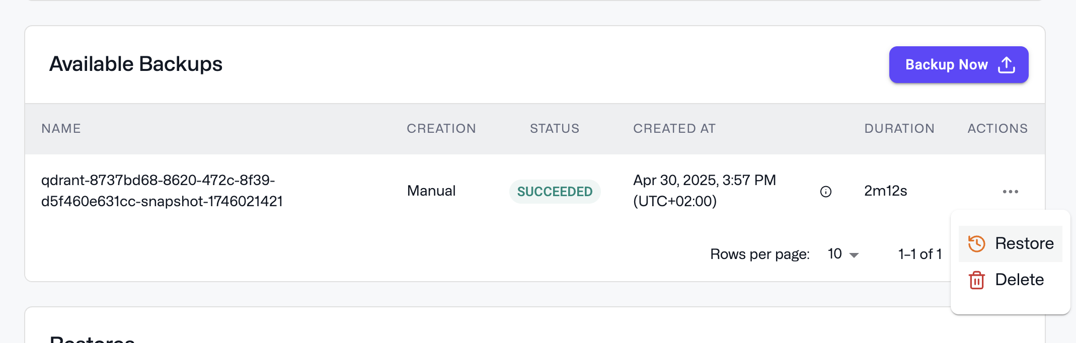 Restore or delete a cluster backup